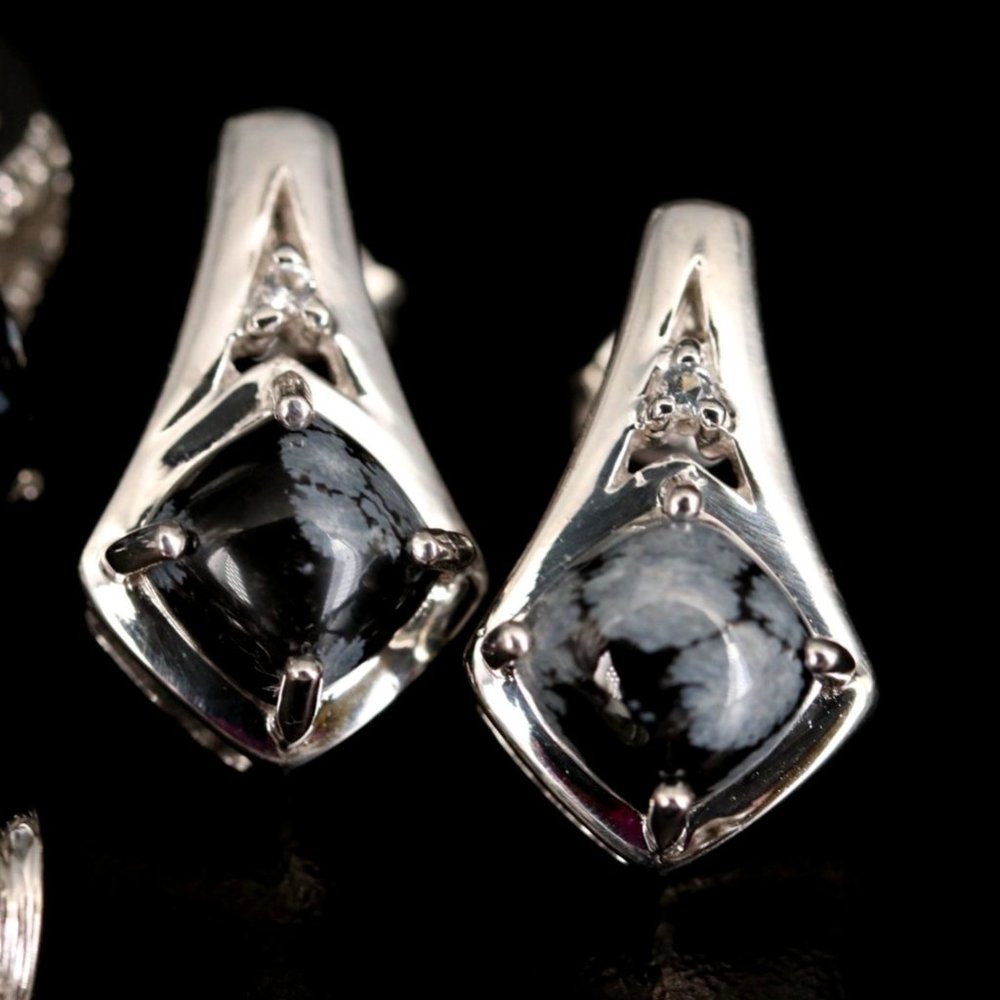 Sterling Snowflake Obsidian and White Topaz Earrings